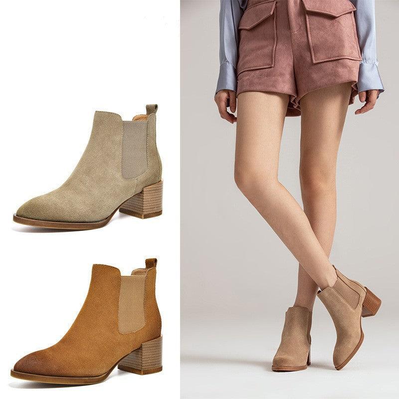 Western Boots for Women Handmade Suede Leather Boots Block Ankle Boots Brown/Apricot/Black/Brown Plush/Apricot Plush/Black Plush