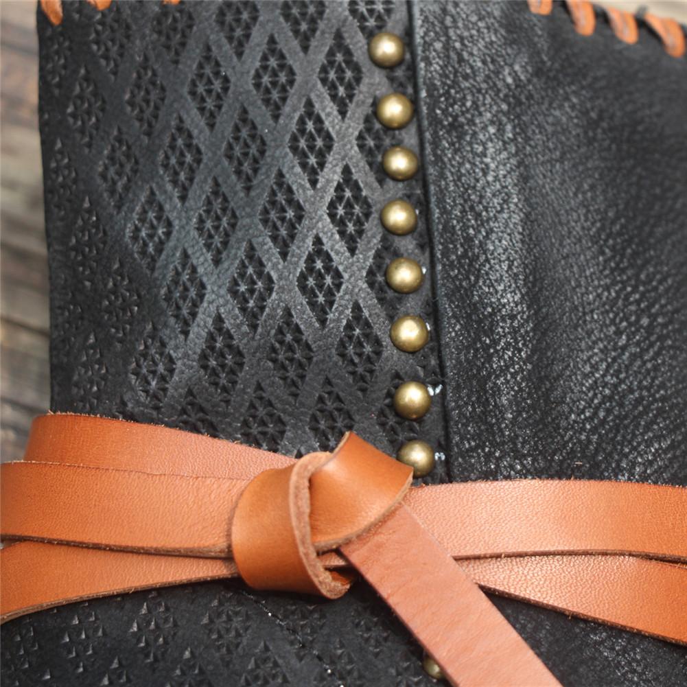 Women'S Leather Heeled Ankle Boots Retro Rivet Comfortable Walking Round Toe Black