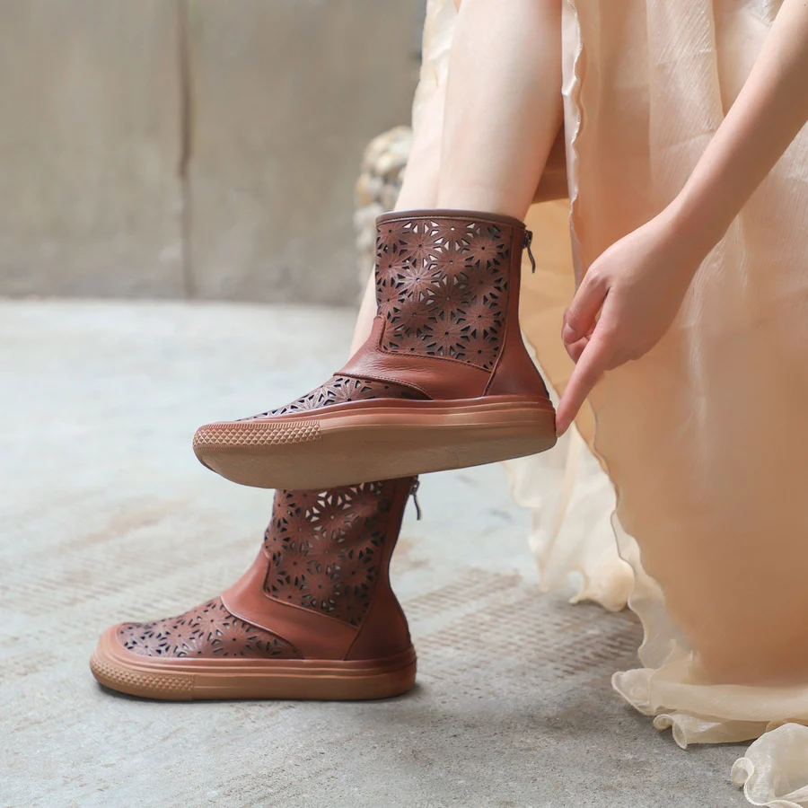 Handmade Genuine Leather Summer Boots Cut Out Breathable Zip Short Boots