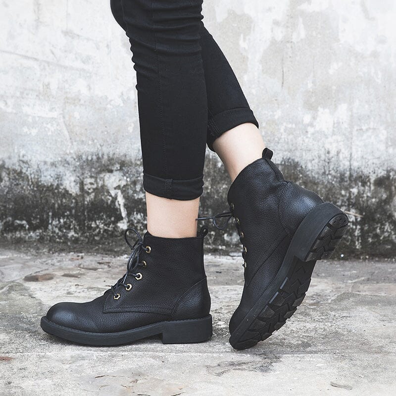 Full Grain Leather Combat Boots Designer Retro Chunky Boots Coffee/Black