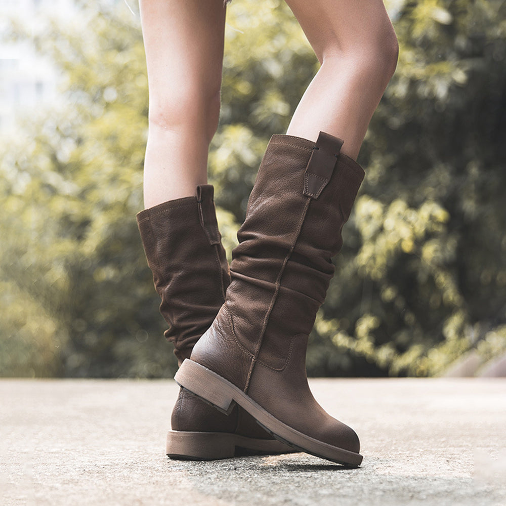 Nubuck Leather Mid Calf Boots Fold Design Riding Boots Short Plush Lined Or Leather For Choice Coffee/Black