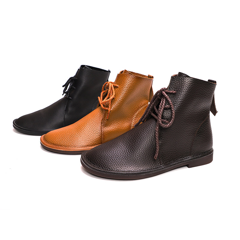 Handmade Women's Leather Booties Round Toe Lace-Up Flat Ankle Boots Brown/Black/Coffee
