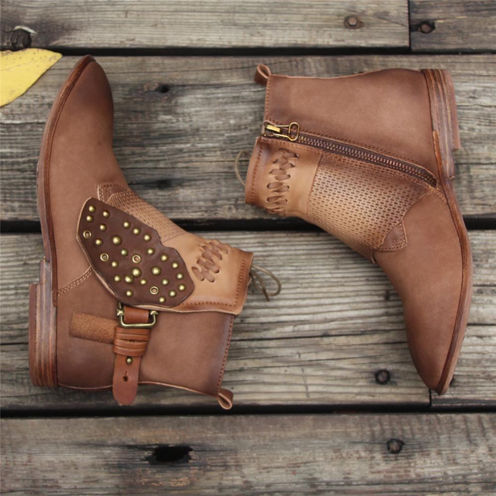 Women'S Handmade Sheepskin Ankle Boots Comfortable Walking Round Toe Retro Rivet Boots With Buckles Brown