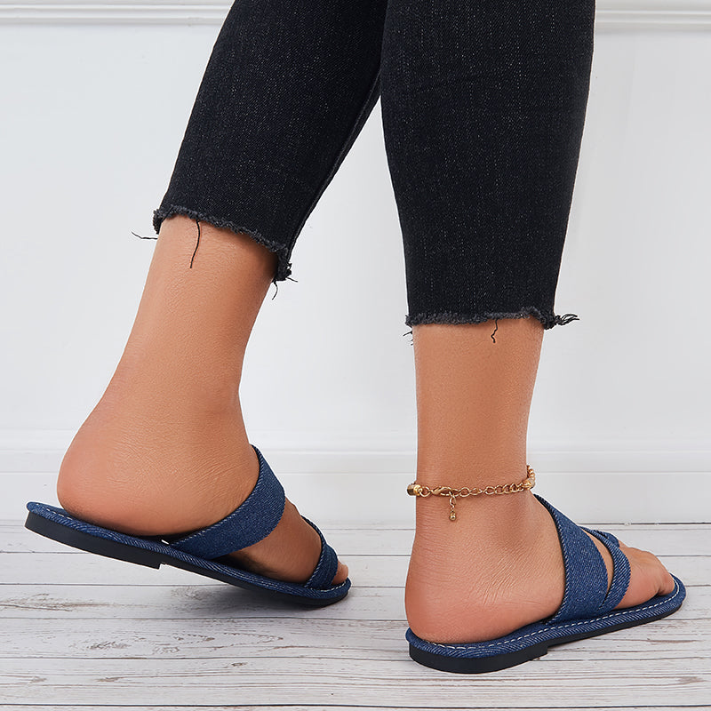 Summer Slippers Toe Ring Wide Flat Sandals Denim Slide Sandals