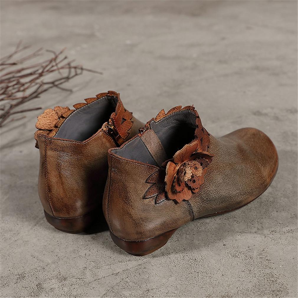 Retro Booties For Women Brush-Off Leather Handmade Flat Ankle Boots Taupe