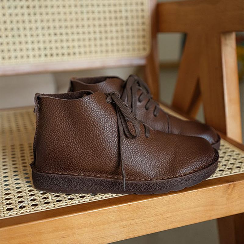 Handmade Genuine Leather Boots Lace-Up Combat Boots Retro Chunky Ankle Boots Coffee/Brown/Off White