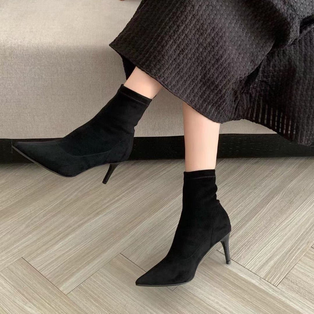 Classic Point Toe Sock Boots High Heel Stretch Boots Elastic Suede Handmade Black/Brown