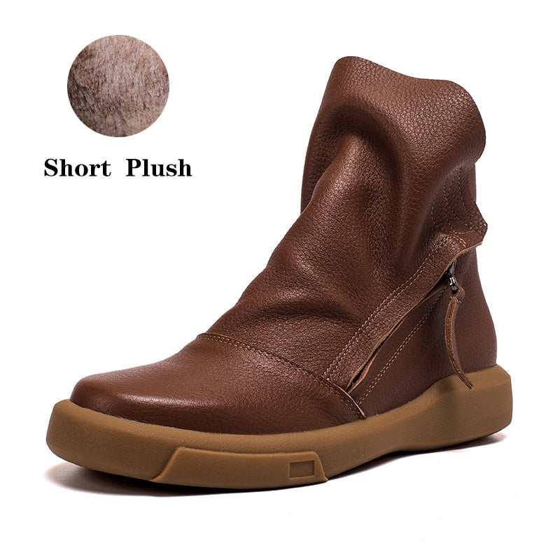 Soft Cowhide Leather Zip Boots Retro Women Chunky Ankle Boots Black/Coffee/khaki