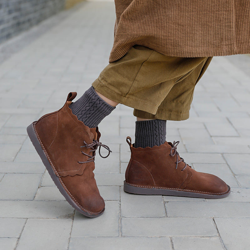 Women's Leather Booties Round Toe Lace-Up Flat Ankle Boots Handmade in Brown/Coffee