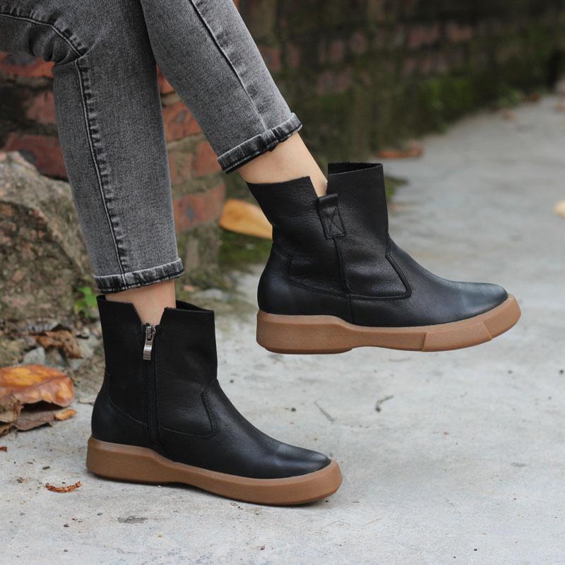 Retro Cowhide Boots Women Comfy Zip Walking Boots Brown/Black