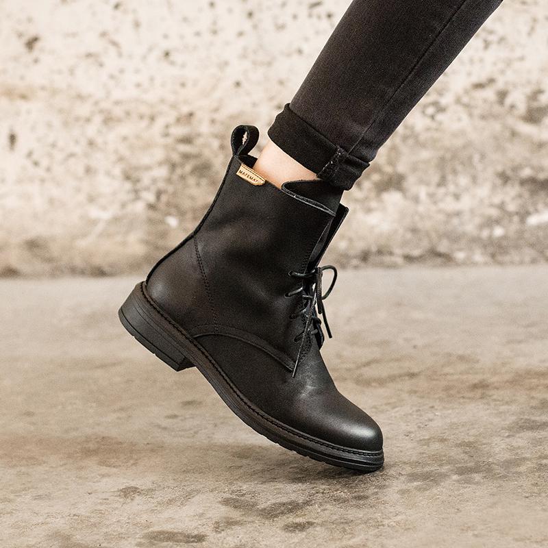 Handmade Women Matte leather Biker Boots Classic Combat Boots Black/Yellow
