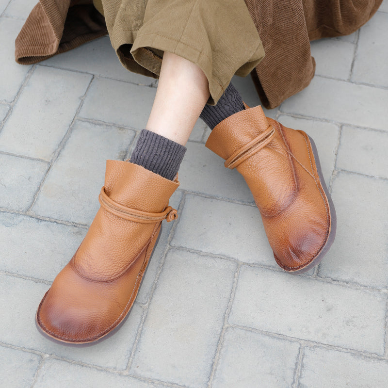 Retro Genuine Leather Soft Flat Boots For Women Round Toe Mori Girl Style Brown/Coffee