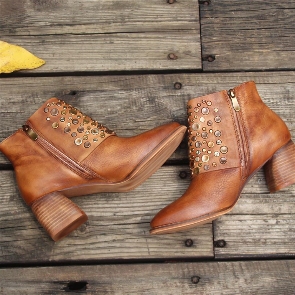 Women Leather Heeled Ankle Boots Retro Rivet Comfortable Walking Pointed Toe Camel