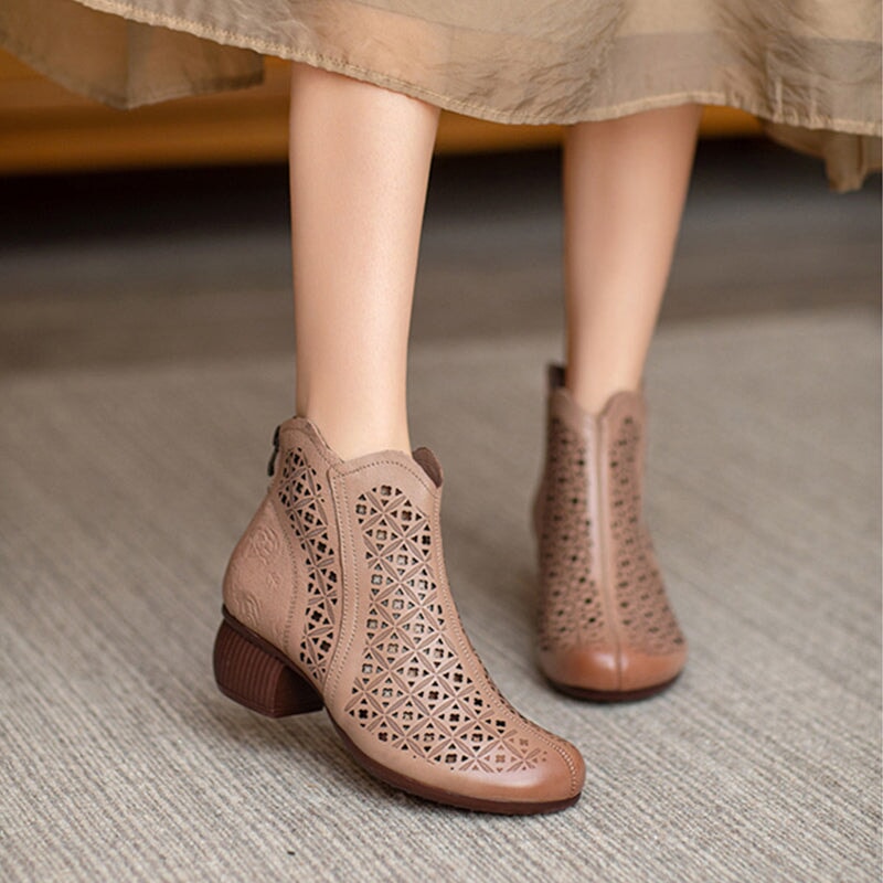 Cut Out Summer Boots Breathable Leather Short Boots Coffee /Apricot