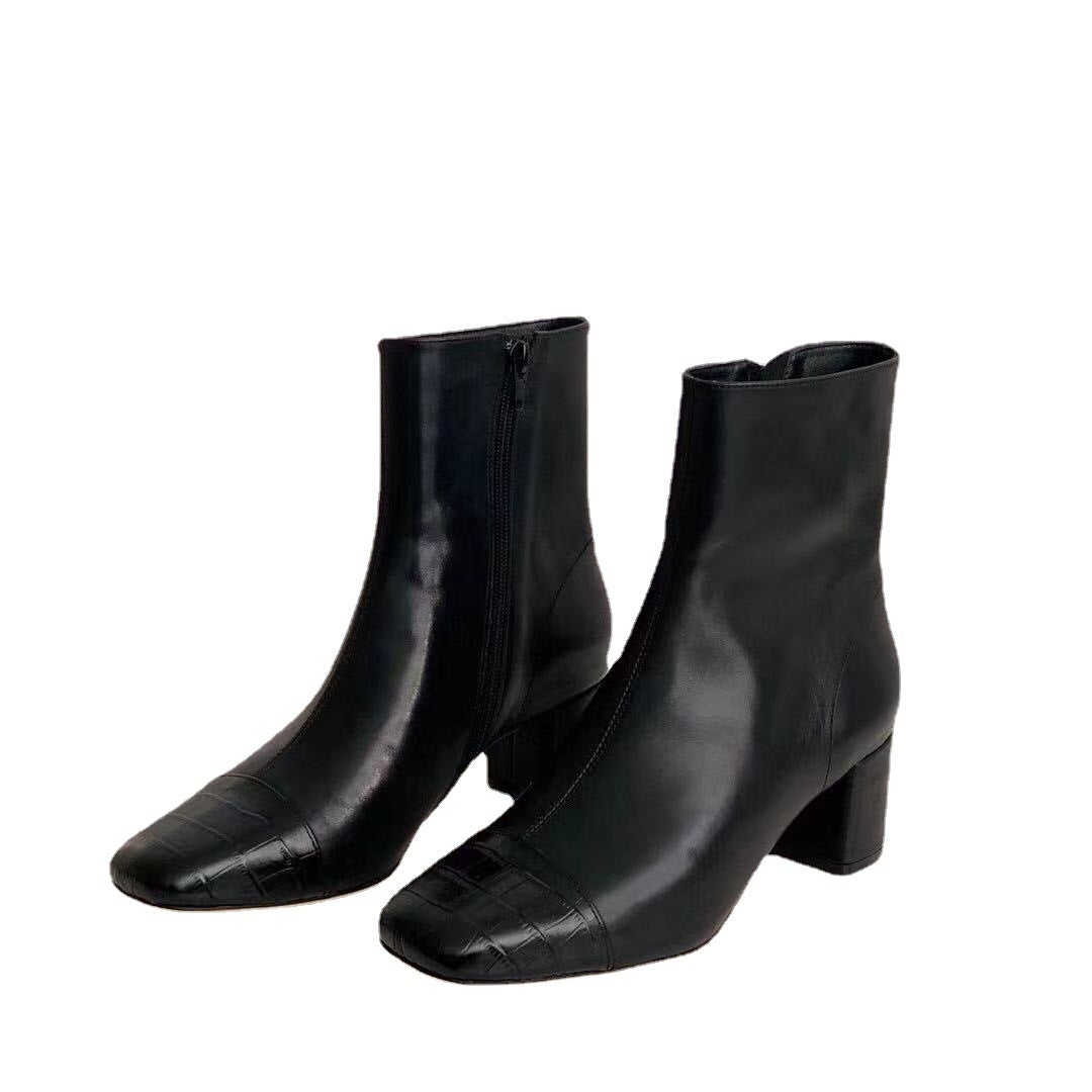 Classic Elegant Ankle Boots Mid Heel Sheepskin Elastic Boots Black