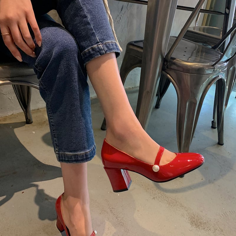 Valerie Round Toe Block Heels Mary Jane Flats