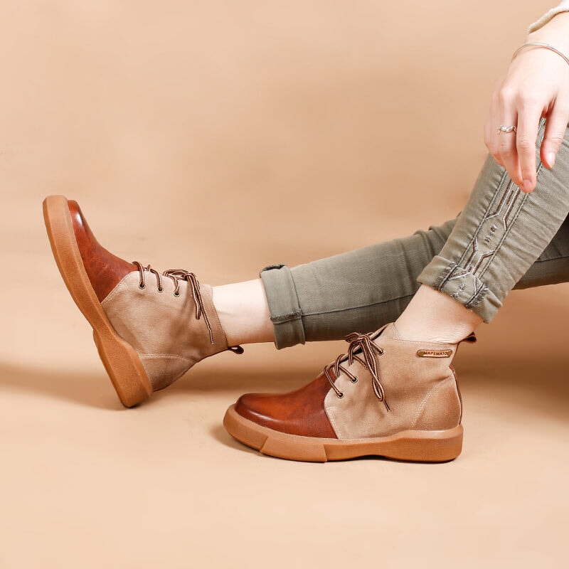 Womens Boots Lace Up Vegetable Tanned Leather Ankle Boots in Coffee/Coffee Short Plush