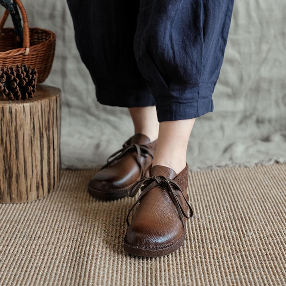 Handmade Genuine Leather Flat Boots Lace-Up Soft Ankle Booties Mori Girl Oxfords Designer Shoes Combat Boots Coffee/Beige/Brown