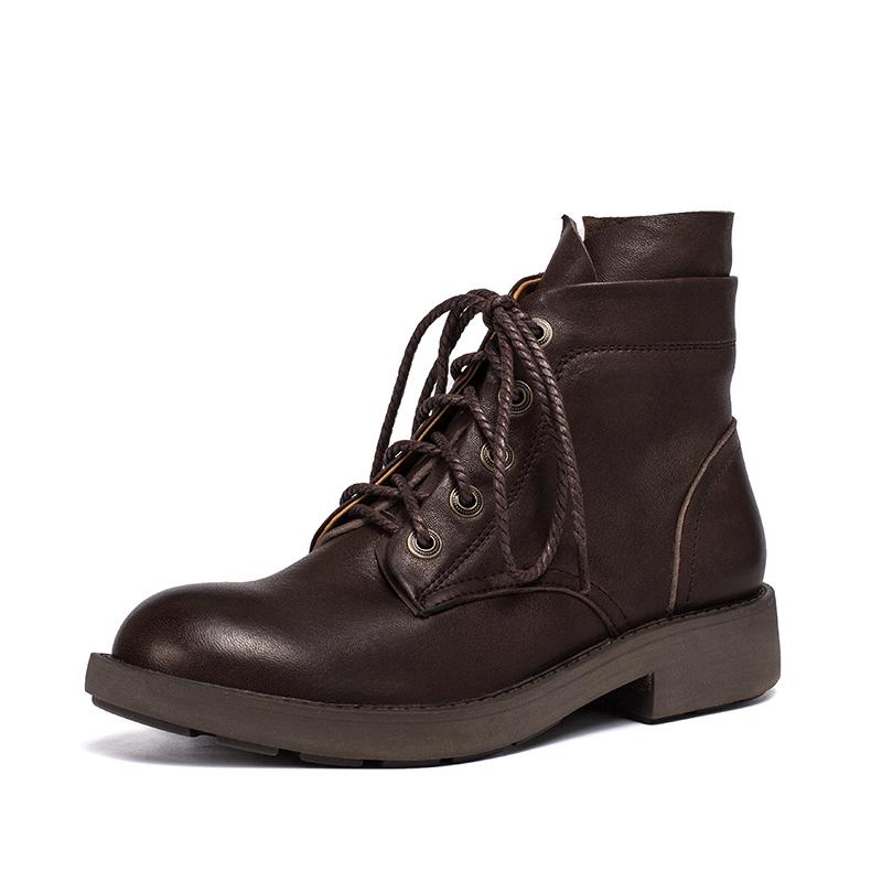 Waxing Sheepskin Leather Combat Boots Lace Up Boots Black/Coffee