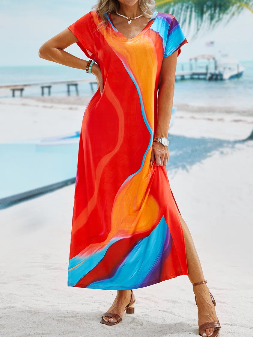 Casual Short Sleeve V Neck Printed Dress