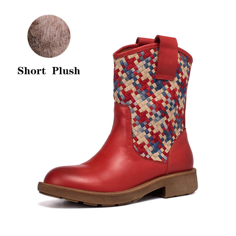 Woven Leather Boots Mid Calf Color Blocking Design Cowgirl Boots In Green/Apricot/Red/Black