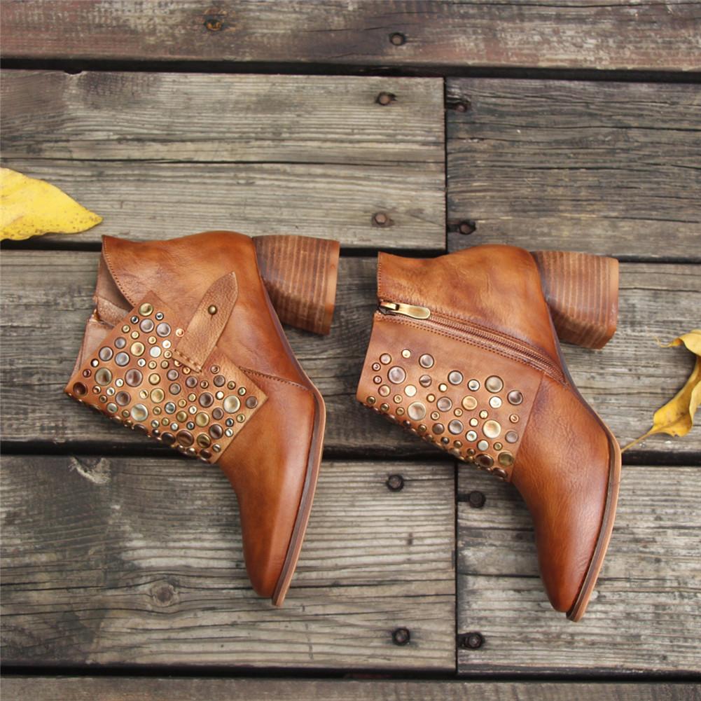 Women Leather Heeled Ankle Boots Retro Rivet Comfortable Walking Pointed Toe Camel