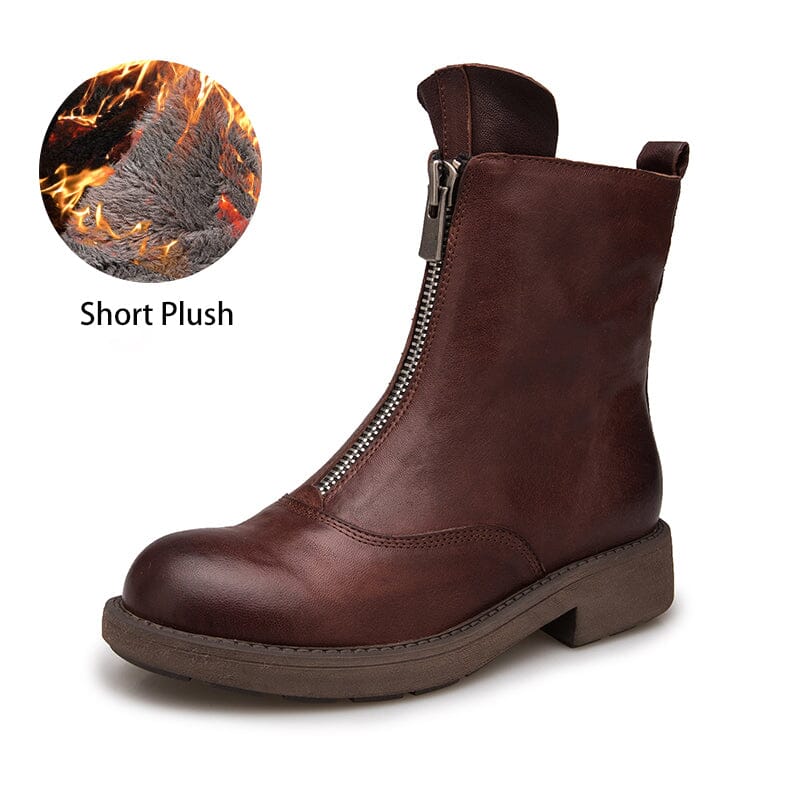 Leather Ankle Boots Comfortable Walking Round Boots Up Zip in Brown/Black