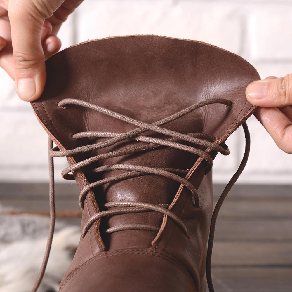 Oxfords For Women Lace Up Flat Sole Ankle Boots Handmade Waxing Leather Boots Black/Brown