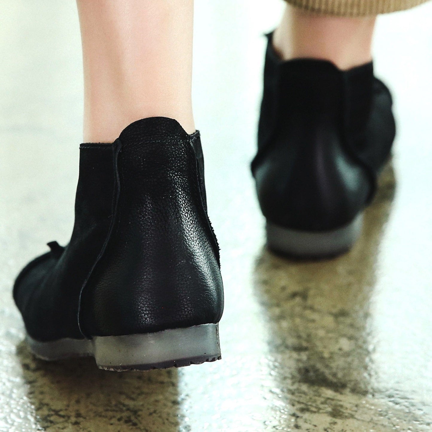 Women Ankle Booties Handmade Leather Low-Heel Square Toe Flat Riding Boots Brown/Black