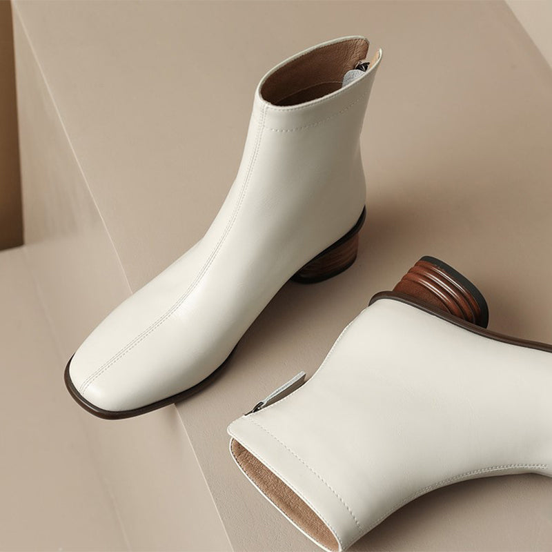 Classic Elegant Chelsea Boots Mid Heel Back Zipper Stretch Boots Square Toe Sock Boots White/Khaki