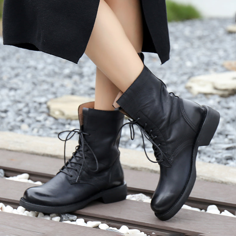 Retro Short Boots Women Handmade Genuine Leather Boots Biker Boots Coffee/Black