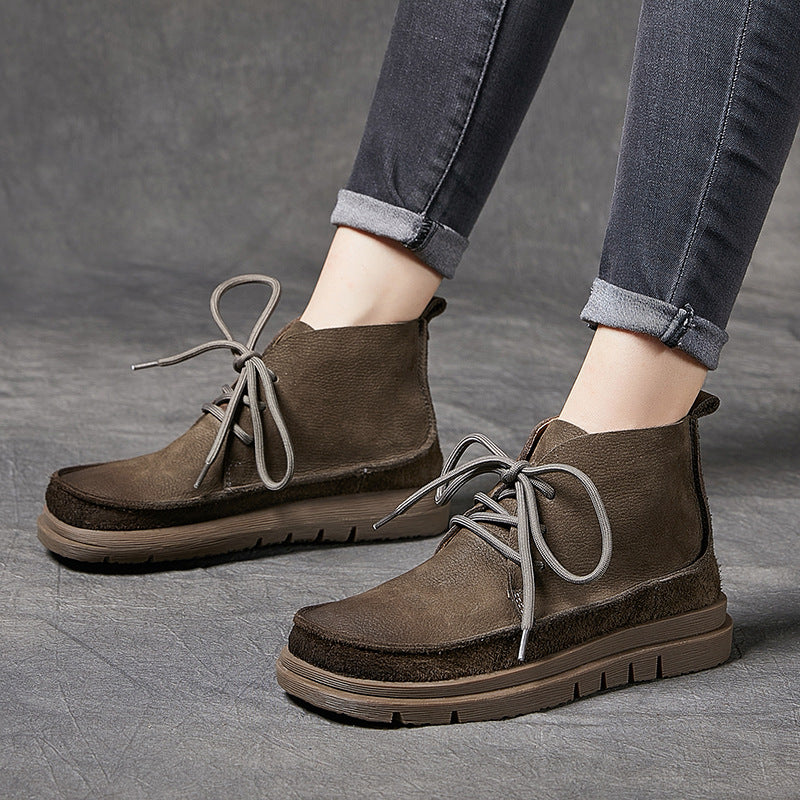 Handmade Leather Lace Up Ankle Boots For Women Soft Short Boots For Fall And Winter Coffee/Khaki