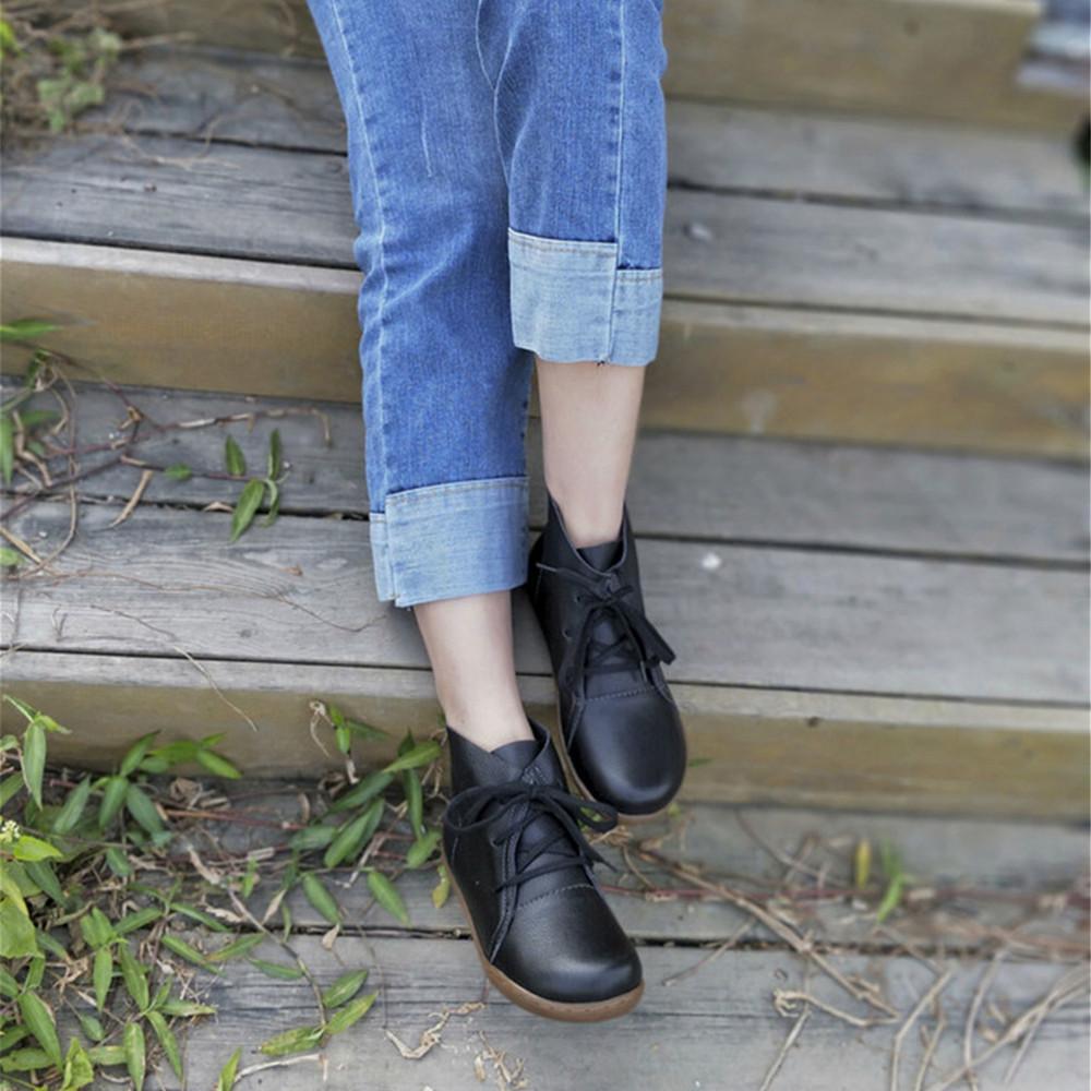 Leather Women Ankle Booties Lace-Up Casual Shoes Flats