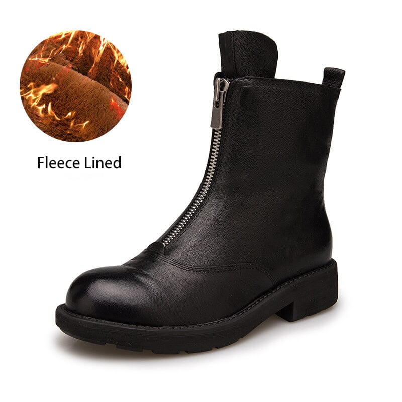 Leather Ankle Boots Comfortable Walking Round Boots Up Zip in Brown/Black
