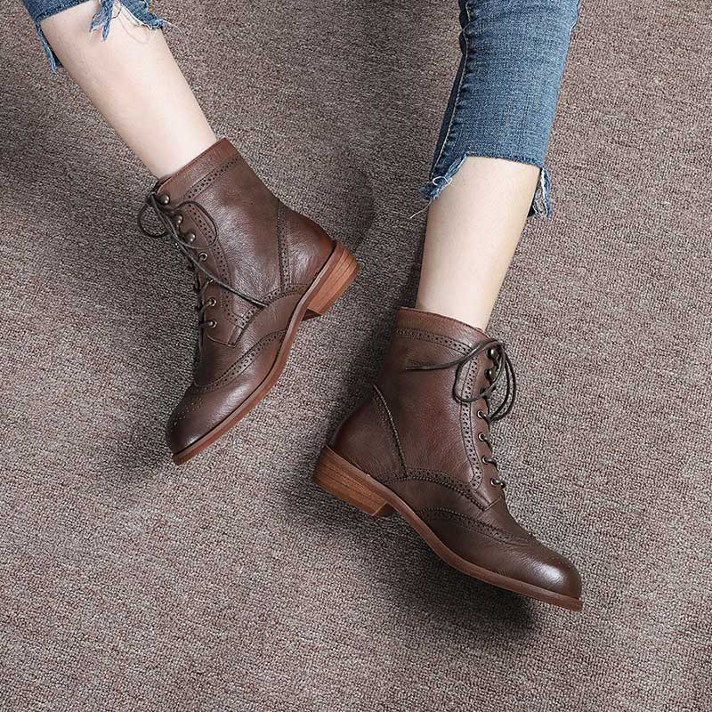 Handmade Wingtip Shoes Leather Boots Block Carving Brogue Ankle Boot For Women Black/Coffee