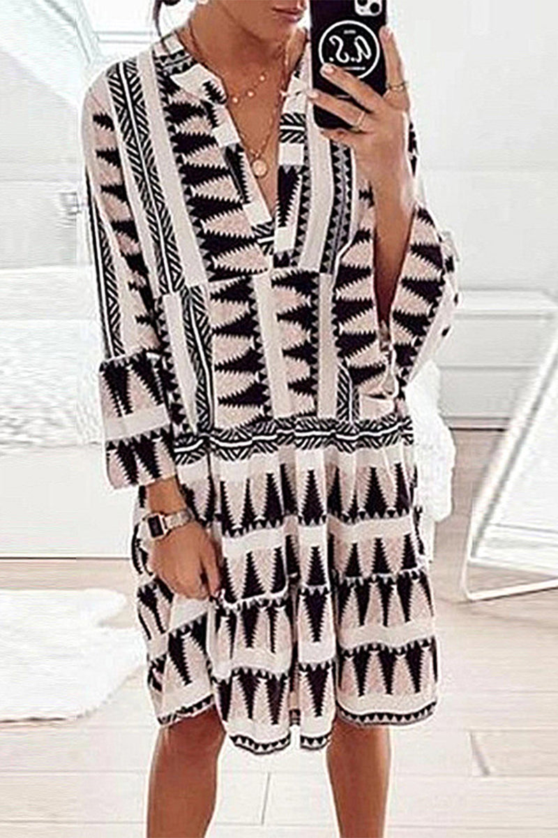 Printed Long-Sleeve Loose Bell Sleeve Splice Dress