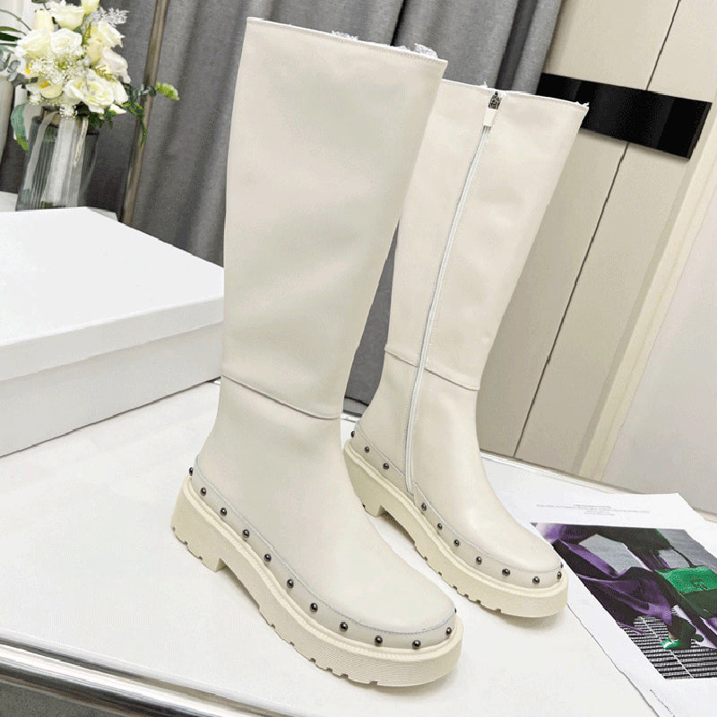 Riding Boots for Women in White/Black Leather - Chunky Sole Tall Boots
