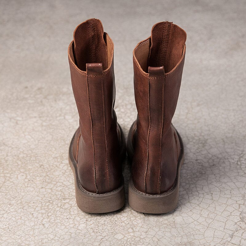 Comfortable Leather Ankle Boots Walking Round Boots Up Zip in Brown/Black