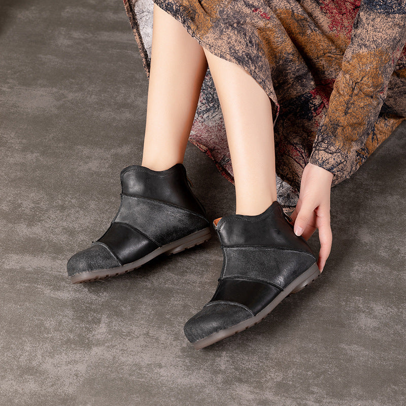 Women Handmade Leather Flats Loafers Boots Color Blocking Ankle Boots Original Design Coffee/Black