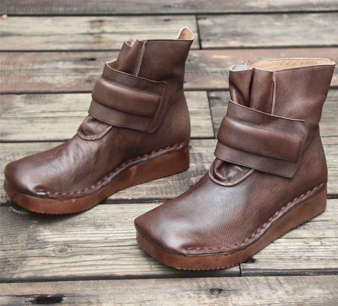 Women'S Handmade Retro Leather Ankle Boots Comfortable Walking Oxford Boots Square Toe Coffee