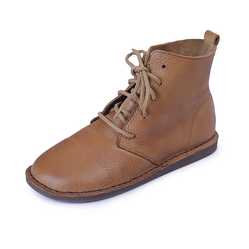 Women's Leather Booties Round Toe Lace-Up Flat Ankle Boots Handmade in Brown/Coffee