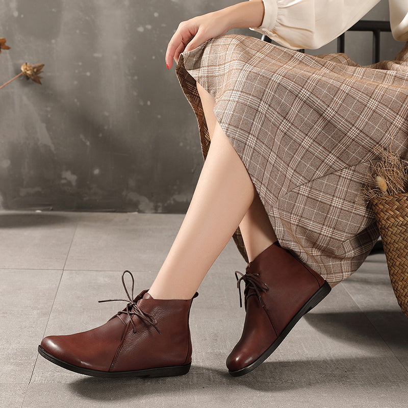 Handmade Soft Leather Ankle Boots Retro Round Toe Short Boots Women Mori Girl Boots