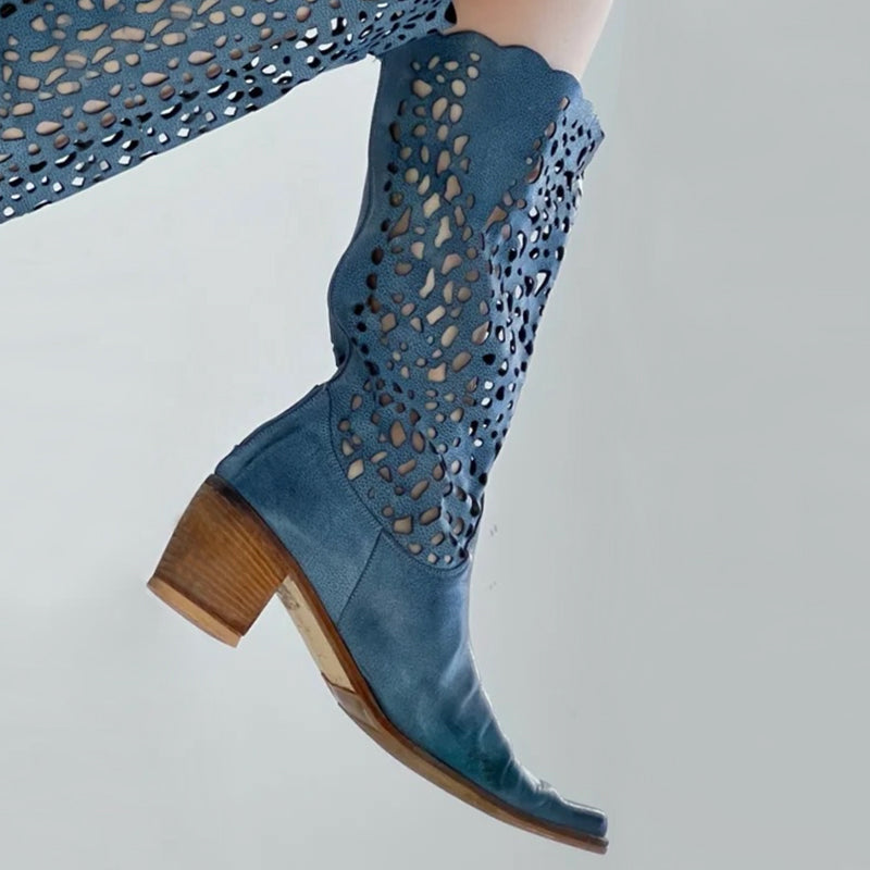 Womens Western Boots Block Heel - Blue Cowgirl Boots All Genuine Leather