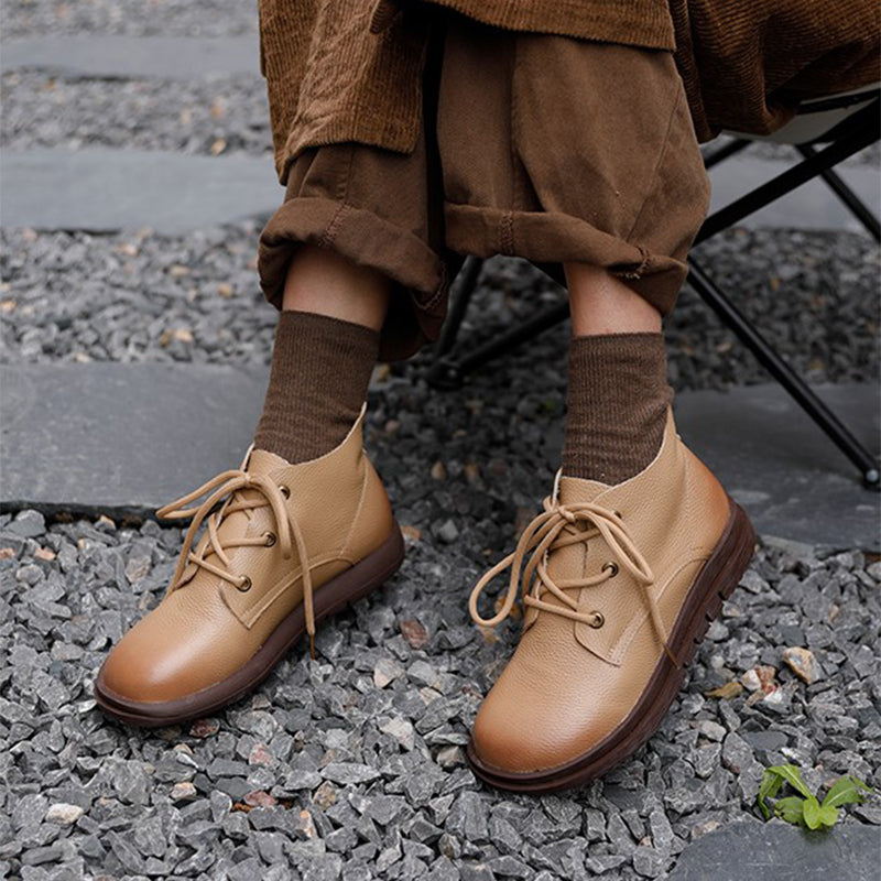 Handmade Brown Retro Leather Oxford Shoes for Women Flat Ankle Boots Lace Up Short Booties