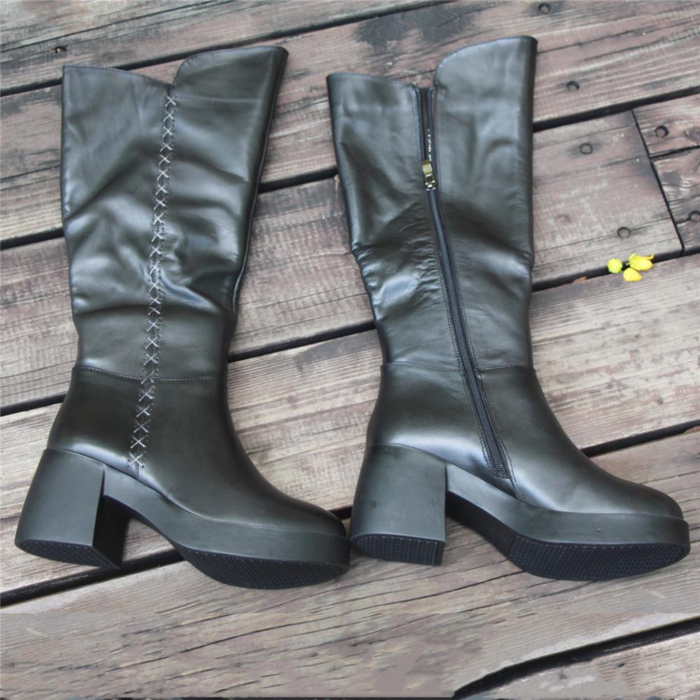 Women Leather Handmade Knee-Length Boots With Chunky Heel Short Plush Lining