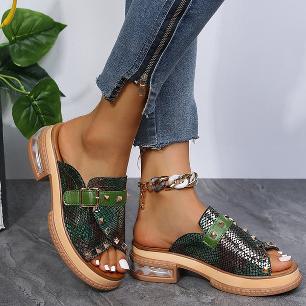 Fish Mouth Toe Colorblock Snakeskin Rivets Slippers