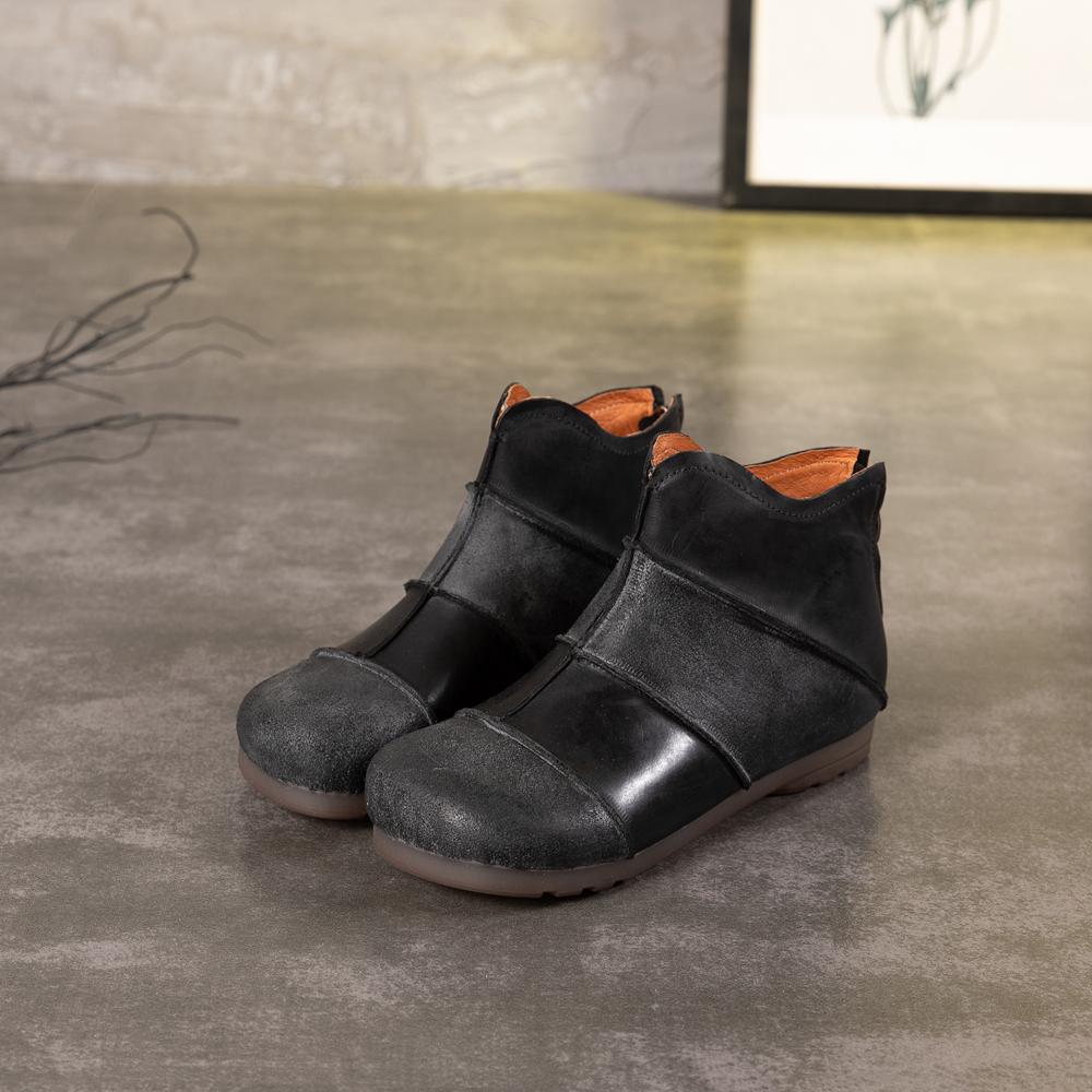 Retro Leather Ankle Boots With Zipper Splicing Craft Handmade Women Flat Shoes Black/Coffee
