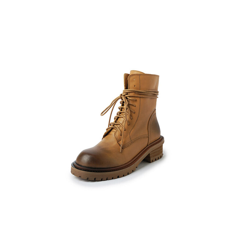 Cow Leather Combat Boots Designer Retro Chunky Lace up Boots Back Zip Brown/Black