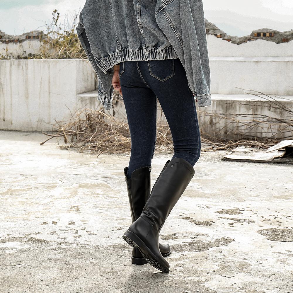 Handmade Soft Leather Knee High Boots Side Zip Riding Boots Black Short Plush