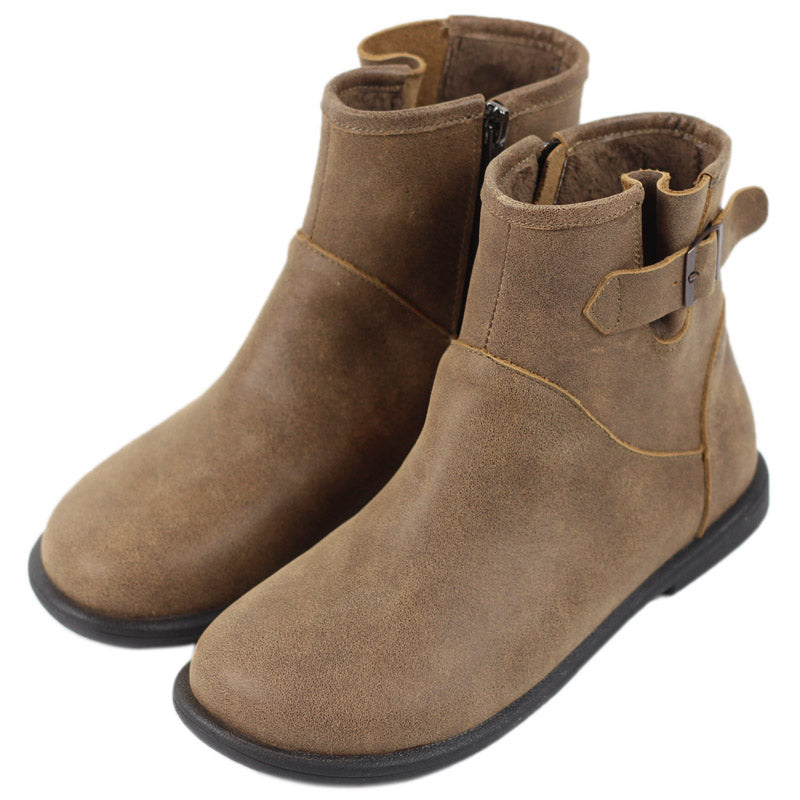 Handmade Leather Ankle Boots For Women Soft Retro Round Toe Short Plush Lining For Cold Winter Grey